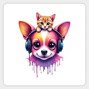 Cute dog with headphones and a cute cat on his head for both cat and dog lovers Magnet